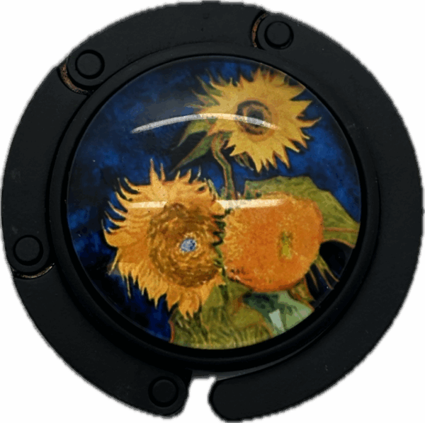 Tassenhanger zwart zonnebloemen blauwe achtergrond
